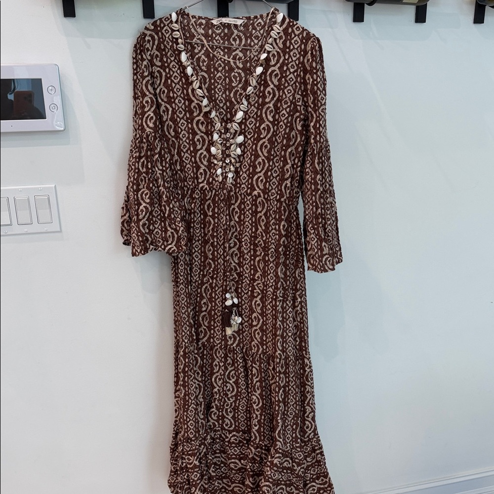 Zara Shell Elegant Brown Patterned bell Sleeve Dr… - image 1